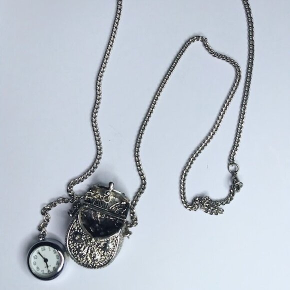 Vintage Handbag Purse Pendant Necklace with Quartz Watch 26" Silver Toned Chain - Picture 1 of 11